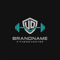 Creative letter UQ logo design for gym or fitness with simple shield and barbell design style vector