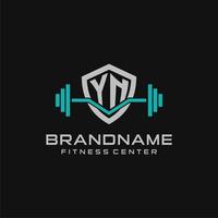 Creative letter YN logo design for gym or fitness with simple shield and barbell design style vector