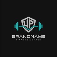 Creative letter WP logo design for gym or fitness with simple shield and barbell design style vector