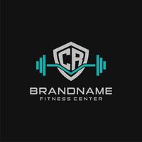 Creative letter CR logo design for gym or fitness with simple shield and barbell design style vector