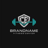 Creative letter CE logo design for gym or fitness with simple shield and barbell design style vector