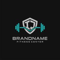 Creative letter IJ logo design for gym or fitness with simple shield and barbell design style vector