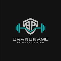 Creative letter BP logo design for gym or fitness with simple shield and barbell design style vector