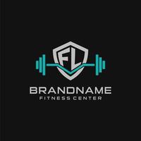 Creative letter FL logo design for gym or fitness with simple shield and barbell design style vector