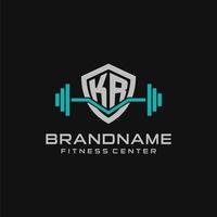 Creative letter KR logo design for gym or fitness with simple shield and barbell design style vector