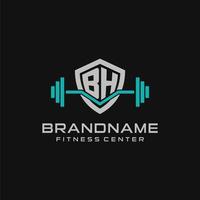 Creative letter BH logo design for gym or fitness with simple shield and barbell design style vector