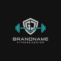 Creative letter GJ logo design for gym or fitness with simple shield and barbell design style vector