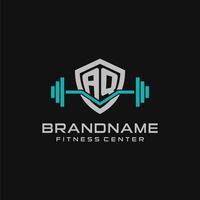 Creative letter AQ logo design for gym or fitness with simple shield and barbell design style vector