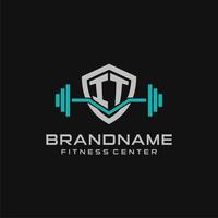 Creative letter IT logo design for gym or fitness with simple shield and barbell design style vector