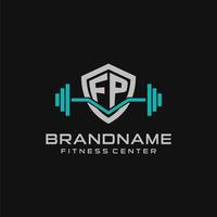 Creative letter FP logo design for gym or fitness with simple shield and barbell design style vector