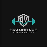 Creative letter OV logo design for gym or fitness with simple shield and barbell design style vector