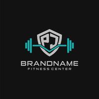 Creative letter PJ logo design for gym or fitness with simple shield and barbell design style vector