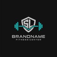 Creative letter SL logo design for gym or fitness with simple shield and barbell design style vector