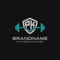 Creative letter PK logo design for gym or fitness with simple shield and barbell design style vector