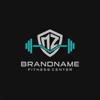 Creative letter MZ logo design for gym or fitness with simple shield and barbell design style vector