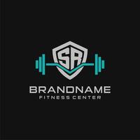 Creative letter SR logo design for gym or fitness with simple shield and barbell design style vector