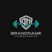 Creative letter QM logo design for gym or fitness with simple shield and barbell design style vector