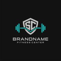 Creative letter SC logo design for gym or fitness with simple shield and barbell design style vector