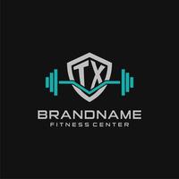 Creative letter TX logo design for gym or fitness with simple shield and barbell design style vector