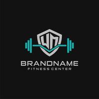 Creative letter WM logo design for gym or fitness with simple shield and barbell design style vector