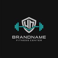 Creative letter WM logo design for gym or fitness with simple shield and barbell design style vector