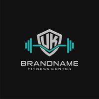 Creative letter UK logo design for gym or fitness with simple shield and barbell design style vector