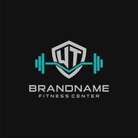 Creative letter WT logo design for gym or fitness with simple shield and barbell design style vector