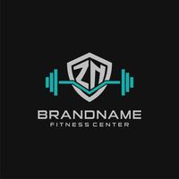 Creative letter ZN logo design for gym or fitness with simple shield and barbell design style vector