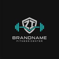 Creative letter ZI logo design for gym or fitness with simple shield and barbell design style vector