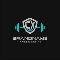 Creative letter CX logo design for gym or fitness with simple shield and barbell design style vector