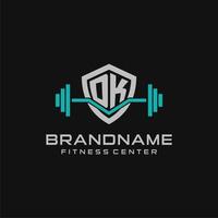 Creative letter DK logo design for gym or fitness with simple shield and barbell design style vector