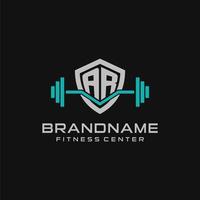 Creative letter AR logo design for gym or fitness with simple shield and barbell design style vector