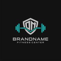 Creative letter DN logo design for gym or fitness with simple shield and barbell design style vector