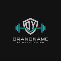 Creative letter DY logo design for gym or fitness with simple shield and barbell design style vector