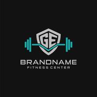 Creative letter GE logo design for gym or fitness with simple shield and barbell design style vector