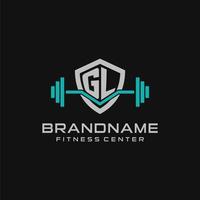 Creative letter GL logo design for gym or fitness with simple shield and barbell design style vector