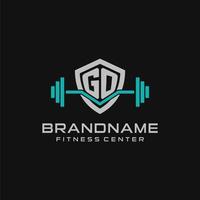 Creative letter GO logo design for gym or fitness with simple shield and barbell design style vector