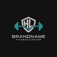 Creative letter HL logo design for gym or fitness with simple shield and barbell design style vector