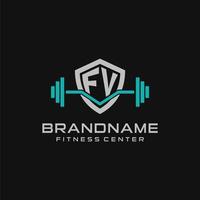 Creative letter FV logo design for gym or fitness with simple shield and barbell design style vector