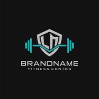 Creative letter LM logo design for gym or fitness with simple shield and barbell design style vector