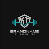 Creative letter KT logo design for gym or fitness with simple shield and barbell design style vector