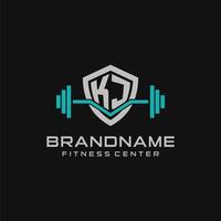 Creative letter KJ logo design for gym or fitness with simple shield and barbell design style vector
