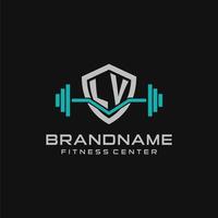 Creative letter LV logo design for gym or fitness with simple shield and barbell design style vector