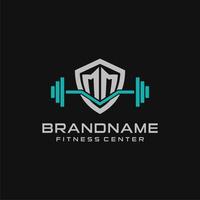 Creative letter MM logo design for gym or fitness with simple shield and barbell design style vector