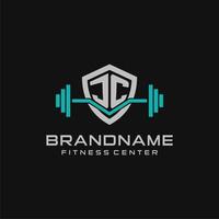 Creative letter JC logo design for gym or fitness with simple shield and barbell design style vector