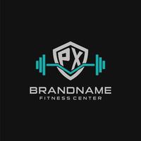 Creative letter PX logo design for gym or fitness with simple shield and barbell design style vector