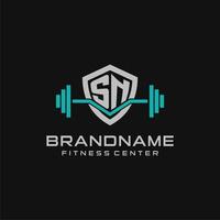 Creative letter SN logo design for gym or fitness with simple shield and barbell design style vector