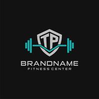 Creative letter TP logo design for gym or fitness with simple shield and barbell design style vector