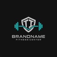 Creative letter TI logo design for gym or fitness with simple shield and barbell design style vector