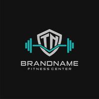 Creative letter TN logo design for gym or fitness with simple shield and barbell design style vector